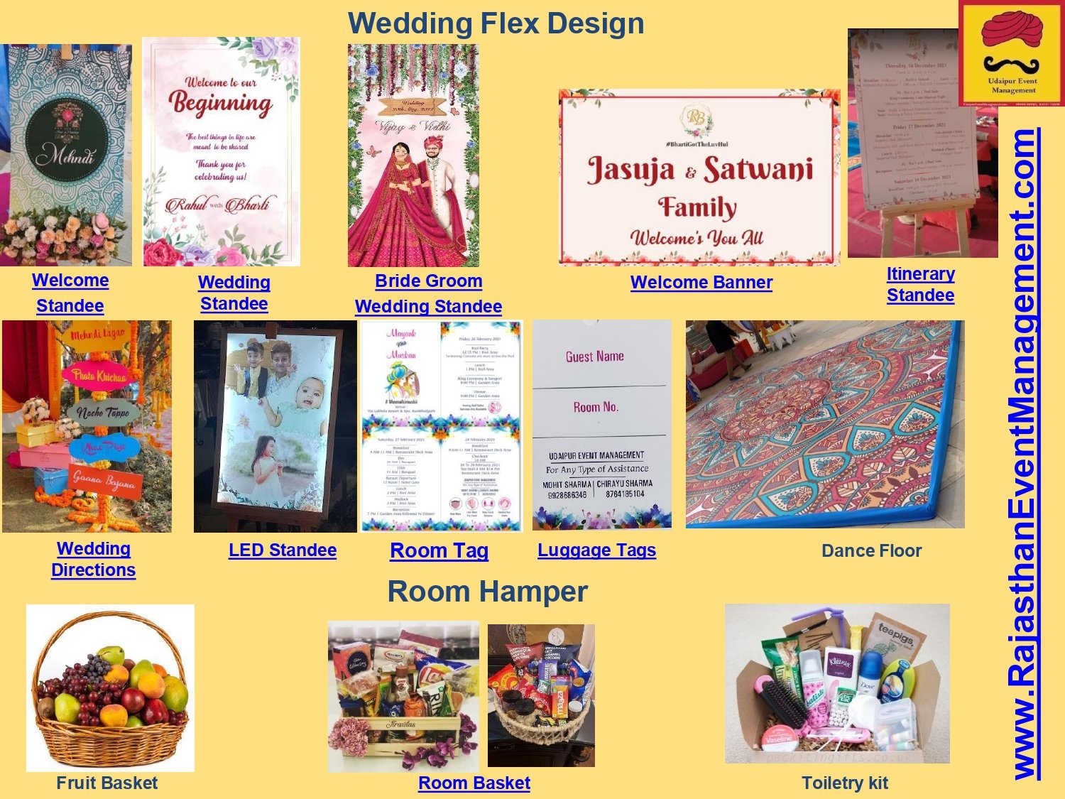 Wedding Flex, Standee, Room Hamper & Itinerary Design